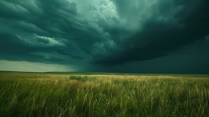 Rainfall in the distance on the prairies under ominous storm clouds