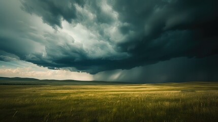 Rainfall in the distance on the prairies under ominous storm clouds - obrazy, fototapety, plakaty
