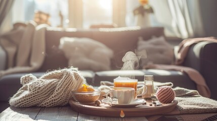 Obraz na płótnie Canvas Still life details in home interior of living room. Sweaters and cup of tea with steam on a serving tray on a coffee table. Breakfast over sofa in morning sunlight. Cozy autumn or winter concept.