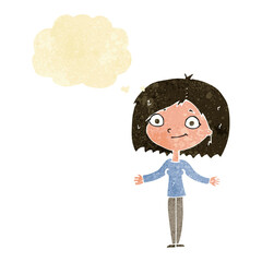 cartoon woman shrugging shoulders with thought bubble
