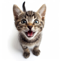 かわいい子猫の顔アップ写真(正面, 白背景, 笑顔)
