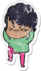 distressed sticker of a cartoon frustrated woman