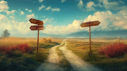 Surreal landscape with a split road and signpost arrows showing two different courses, left and right direction to choose. Road splits in distinct direction ways. Difficult decision, choice concept. - obrazy, fototapety, plakaty