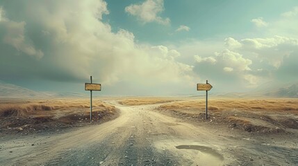 Surreal landscape with a split road and signpost arrows showing two different courses, left and right direction to choose. Road splits in distinct direction ways. Difficult decision, choice concept.