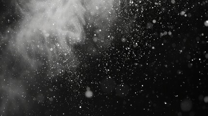 Texture of rain and fog on a black background overlay effect, Abstract splashes of Rain and Snow Overlay Freeze motion of white particles on black background