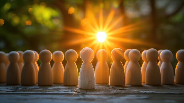 Success in Business or Talent Concept. Stand Out from the Crowd. Different and Individual Unique Person. Spotlight Shining to the Golden. presenting by wooden peg dolls