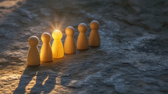 Success in Business or Talent Concept. Stand Out from the Crowd. Different and Individual Unique Person. Spotlight Shining to the Golden. presenting by wooden peg dolls