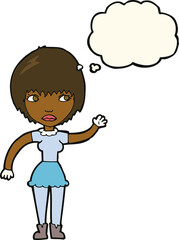 cartoon waving woman with thought bubble