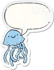 cartoon happy jellyfish and speech bubble distressed sticker