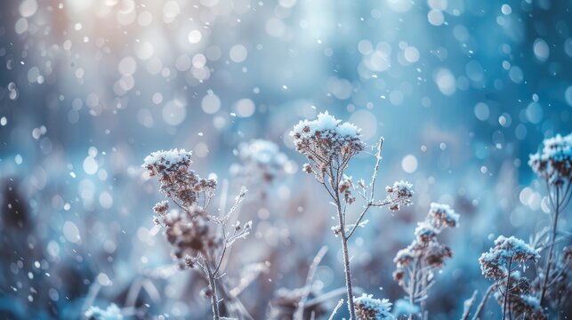 Winter Atmospheric Landscape With Frost-covered Dry Plants During Snowfall. Winter Christmas Backgroun