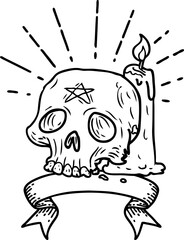 banner with black line work tattoo style spooky skull and candle