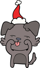 line drawing of a dog rubbing eyes wearing santa hat