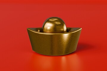 3D Chinese gold ingot icon symbol. asian festival oriental currency culture golden yuan bao china new year. prosperity premium treasure wealth. 3d minimal cartoon isolated red background. 3d rendering