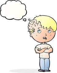 cartoon boy with growth on head with thought bubble