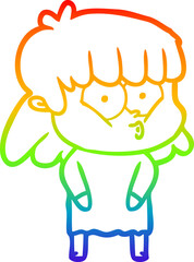 rainbow gradient line drawing cartoon whistling girl