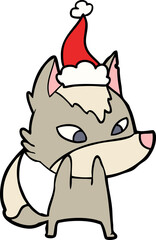 shy line drawing of a wolf wearing santa hat