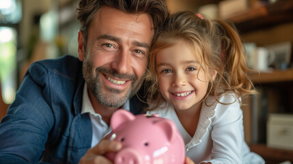 A father in a business suit is showing his young daughter how to save money by inserting coins into a piggy bank in a cozy home setting..