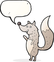 cartoon waving wolf with speech bubble