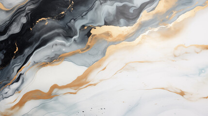 Naklejka premium A HD close up of a minimalist marble painting. The painting is kept in black, white, grey and golden colors.