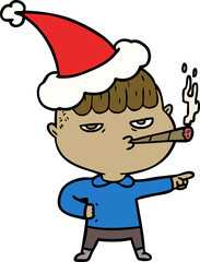 line drawing of a man smoking wearing santa hat