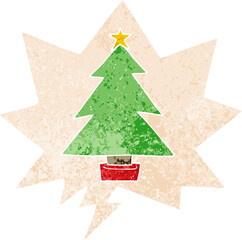 cartoon christmas tree and speech bubble in retro textured style