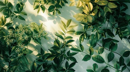 Arranged leaves and flowers against a white background to create a realistic representation of how they would look in a garden or forest.