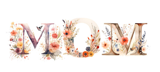 Illustration of watercolor letters with flowers mom on white background