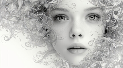 A mesmerizing close-up image of a woman's face on a white background, decorated with abstract patterns. Surreal artwork. Intricate details and soft lighting. A magical and fabulous atmosphere.