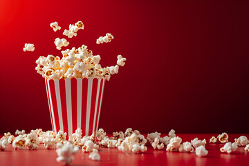 Exploding Popcorn in a Striped Container on Red Background. Generative AI.