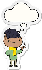 cartoon friendly boy and thought bubble as a printed sticker