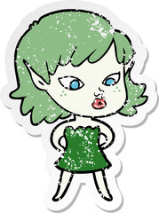 distressed sticker of a pretty cartoon elf girl