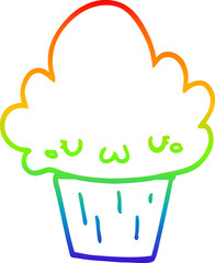 rainbow gradient line drawing cartoon cupcake with face
