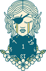 crying elf rogue character face with natural one D20 roll illustration