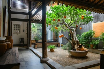 Fototapeta na wymiar Traditional Vietnamese courtyard house. Tet Holiday, Vietnamese New Year. Kumquat tree. Symbol of wealth in Asia. Lunar New Year. Life of the Vietnamese.