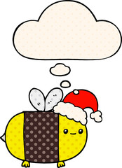 cartoon christmas bee and thought bubble in comic book style