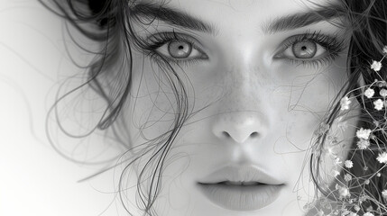 Fototapeta premium A mesmerizing close-up image of a woman's face on a white background, decorated with abstract patterns. Surreal artwork. Intricate details and soft lighting. A magical and fabulous atmosphere.