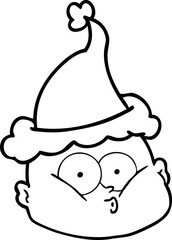 line drawing of a curious bald man wearing santa hat