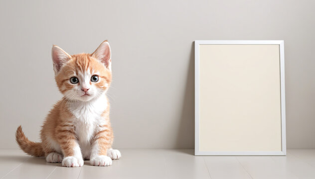 litte cute ginger colored kitten sit with a empty sign beside as text space  for messages 