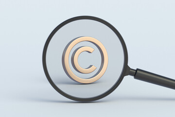 Copyright sign behind magnifying glass. 3d render