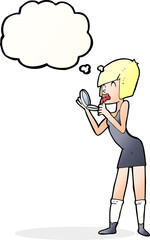 cartoon woman applying lipstick with thought bubble
