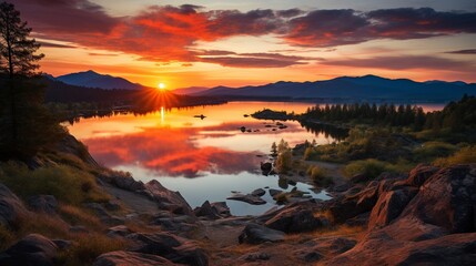 Serene Lake at Sunset: A Tapestry of Warm Hues