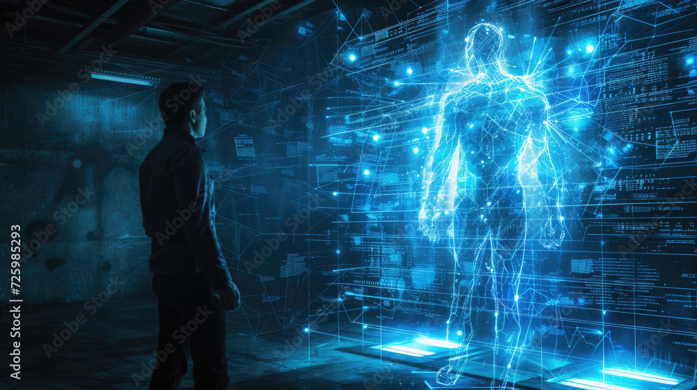 Aufkleber man stands in front of artificial intelligence control panel in dark room. futuristic digital dashbo