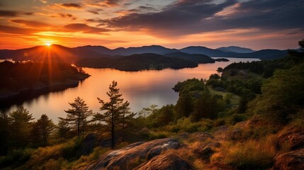 Serene Lake at Sunset: A Tapestry of Warm Hues