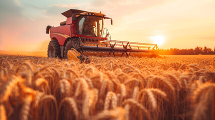 Combine harvester harvests wheat at sunset, machine cutting rape grain on farm. View of tractor working in field, sun and sky. Concept of farmer, agriculture, industry - obrazy, fototapety, plakaty