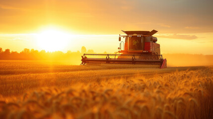 Fototapeta premium Combine harvester harvests wheat at sunset, tractor cutting rape grain on farm. View of machine working in field, sun and sky. Concept of farmer, agriculture, landscape