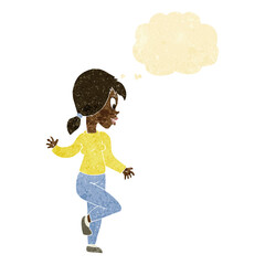 cartoon woman waving with thought bubble