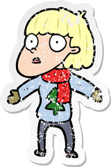 distressed sticker of a cartoon surprised christmas person