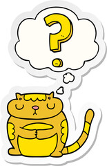 cartoon cat with question mark and thought bubble as a printed sticker