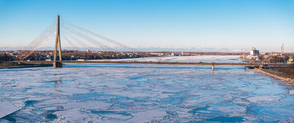 Frozen river Daugava in Riga, Latvia. Aerial view of the winter over Riga.