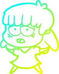 cold gradient line drawing cartoon tired woman